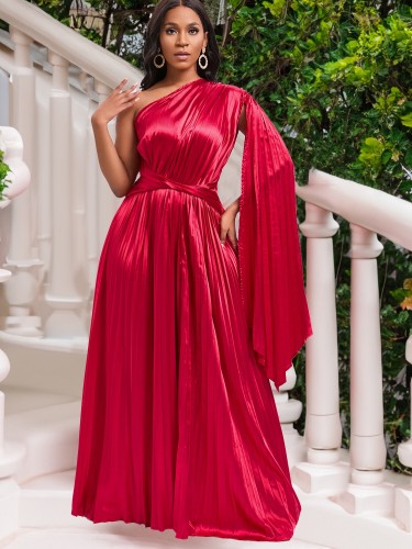 2023 New One Shoulder Pressure Pleated Long Slant Neck Waisted Gowns Dresses