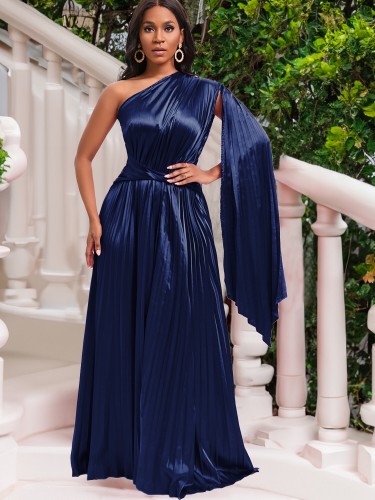 2023 New One Shoulder Pressure Pleated Long Slant Neck Waisted Gowns Dresses