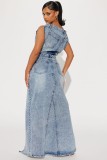 Hot sale fall and winter vintage denim skirt suit two-piece set