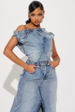 Hot sale fall and winter vintage denim skirt suit two-piece set