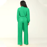 Fall New Pleated Lapel Long Sleeve Wide Leg Jumpsuit With Belt
