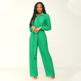 Fall New Pleated Lapel Long Sleeve Wide Leg Jumpsuit With Belt