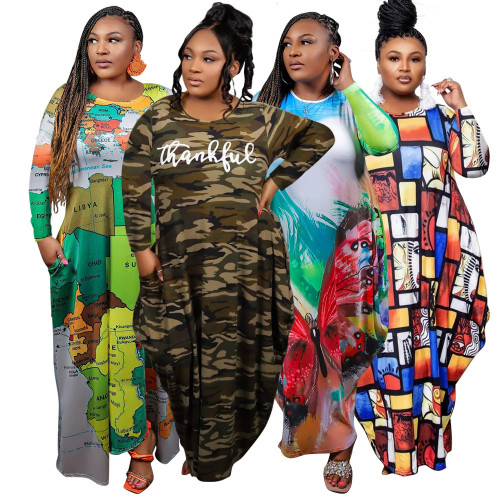 Plus Size Women's Positioning Printed With Pockets Plus Size Loose Fatty Plus Size Dresses