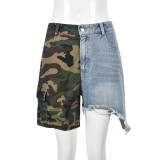 Fashion denim fringe personality splicing camouflage shorts