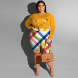 Plus Size Women's Digital Printing High Waist High Elastic Long Sleeve Shorts Fashion Casual Two Piece Set