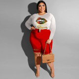 Plus Size Women's Digital Printing High Waist High Elastic Long Sleeve Shorts Fashion Casual Two Piece Set