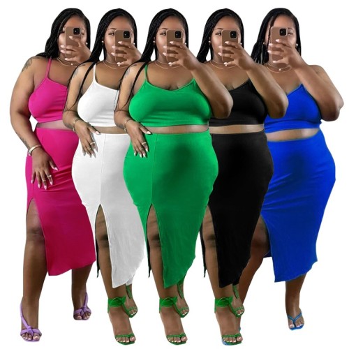 Plus Size Women's Solid Color Half-body Skirt Split Sexy Fashion Casual Two-piece Set