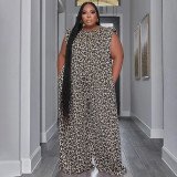 Plus Size Women's Printed Striped Leopard Print Sleeveless Wide Leg Dragging Pants Jumpsuit