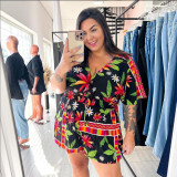 Plus Size Women's Waisted Commuter Colorful Printed Casual Jumpsuit