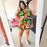 Plus Size Women's Waisted Commuter Colorful Printed Casual Jumpsuit