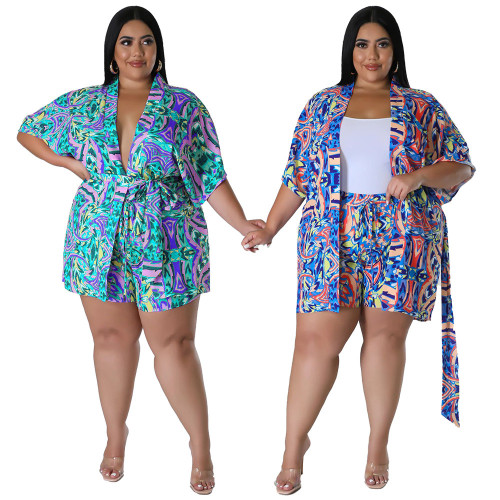 Plus Size New Loose Printed Smock Tie Shorts Colorful Two Piece Set