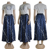 Fashion Round Neck Top + Long Skirt Ladies Temperament Skirt Set