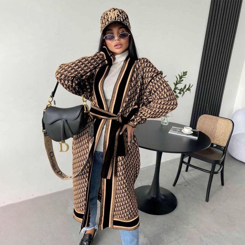 New fall and winter outer warm fashion printing thickened long-sleeved belt long jacket
