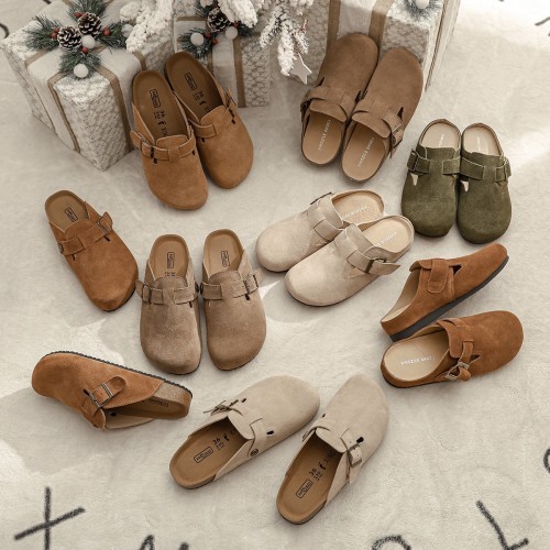 All Genuine Leather Boken Women's Shoes Cowhide Cork Inner Height Thick Bottom Slippers Flat Bottom Fishing Boken Shoes Baotou Half Slippers