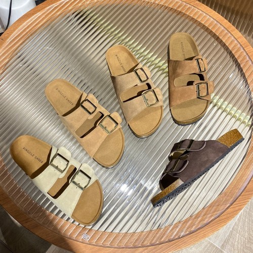 Genuine Leather Boken Slippers Women Cow Suede Beach Shoes Anti-slip 2023 Cork Flat Sandals One Cool Slippers