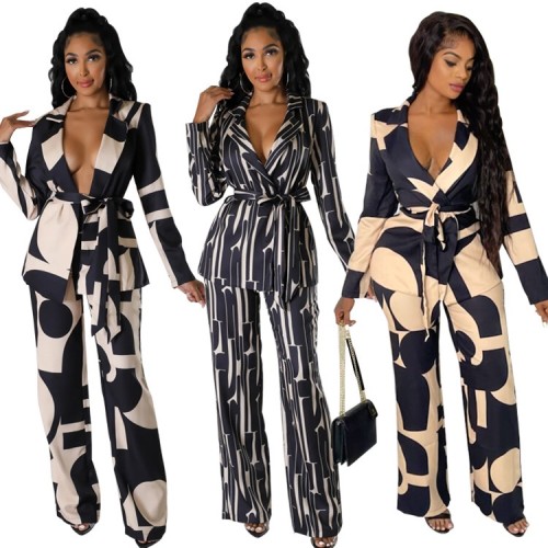 Explosive Printed Suit Collar Fashionable Commuter Career Two Piece Set