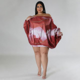 Plus Size Women's Loose Bubble Sleeve One Shoulder Printed Dresses
