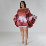 Plus Size Women's Loose Bubble Sleeve One Shoulder Printed Dresses
