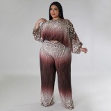 Plus Size Women's Pleated Leopard Gradient Positioning Printed Sexy Set