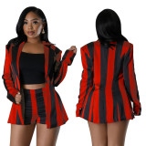 Fruit Collar Striped Printed Long Sleeve Shorts Fashion Two Piece Set