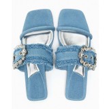 Square Toe Open Toe Navy Blue Sandals Rhinestone Buckle Embellished Denim Flat Sandals
