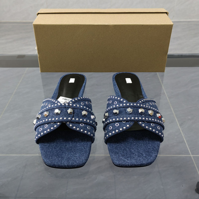 Square Toe Open Toe Studded Slippers Blue Denim Glitter Embellished Flat Sandals