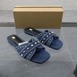 Square Toe Open Toe Studded Slippers Blue Denim Glitter Embellished Flat Sandals
