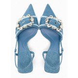 Navy Blue Buckle Embellished Pointed Toe Peep Toe Stiletto Heels Fine Heeled Denim Sandals