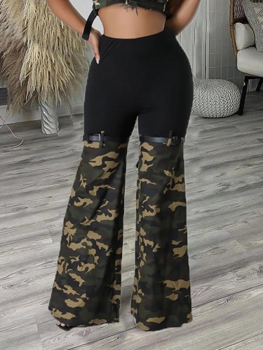 Trendy personality camouflage splicing elastic waist slimming flare stretch pants