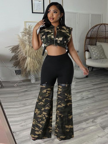 Trendy personality camouflage splicing elastic waist slimming flare stretch pants