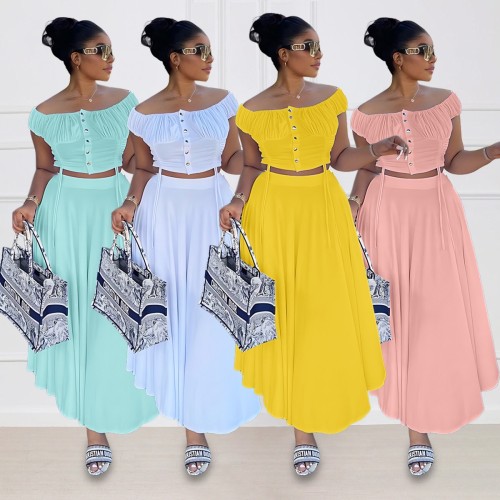 One Shoulder Short Top A-Line Draped Long Skirt Fashion Set Two Pieces