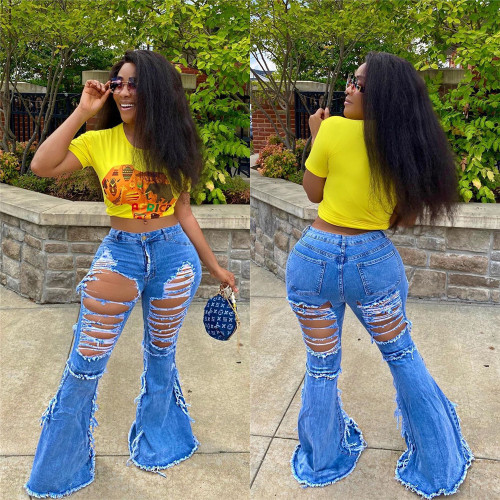 Personalized front and back ripped denim flare pants
