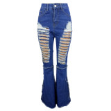 Personalized front and back ripped denim flare pants