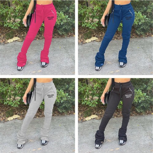 Silicone Monogrammed Athleisure Pants Drawstring Stacked Pants Pleated Stacked Pants