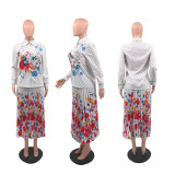 Chiffon Long Sleeve Blouse Mid-Length Pleated Skirt Two Piece Set
