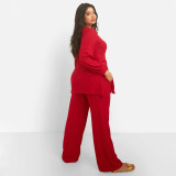 Plus Size Casual V-Neck Long Sleeve Including Pocket Two Piece Set