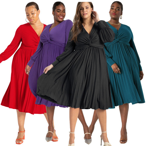 Plus Size Women's New Long Sleeve V-Neck Solid Color Lantern Sleeve Long Dress Slim Pleated Dresses