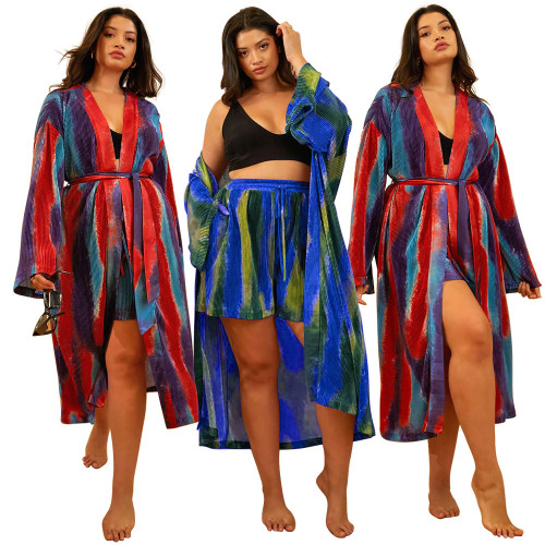 Plus Size Women's Digital Printed Loose High Waisted Tie Sleeve Shorts Set