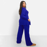 Plus Size Casual V-Neck Long Sleeve Including Pocket Two Piece Set