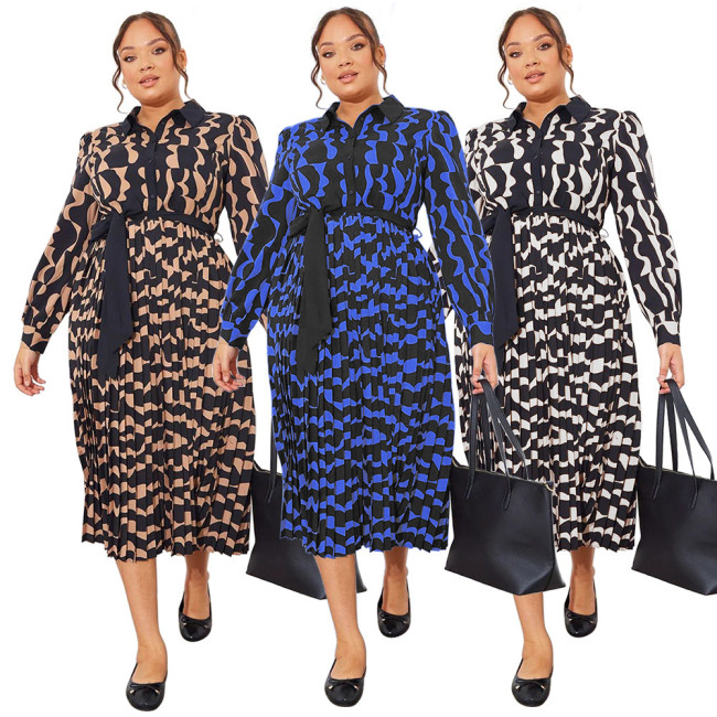 Fashion Plus Size Women's Fall New Pleated Printed Long Sleeve Dresses