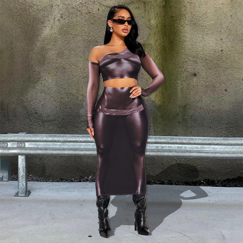 2023 New Stereoscopic Printed Diagonal Shoulder Top Long Sleeve Midi Skirt Set