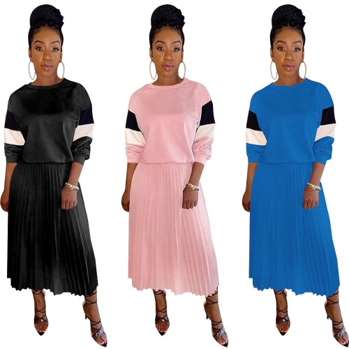 Round Neck Long Sleeve Top Pressure Pleated Half Body Skirt Casual Two Piece Set