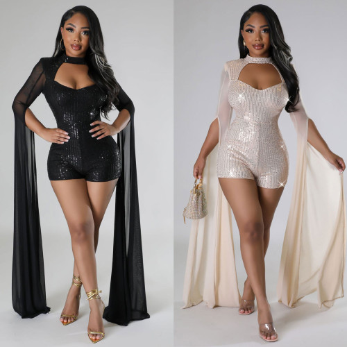 Sexy Sequins hollow package hip tight fly sleeve see-through stretch jumpsuit
