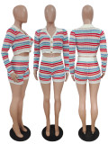 Stylish Lapel Cardigan Ribbed Button Long Sleeve Striped Colorblocking Knit Suit Two Pieces