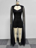 Sexy Sequins hollow package hip tight fly sleeve see-through stretch jumpsuit