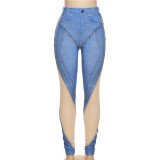 Sexy mesh see-through splicing print high-waisted tight casual pants