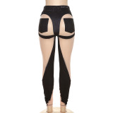 Sexy mesh see-through splicing print high-waisted tight casual pants