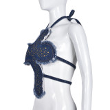Wrap Hanging Neck Studded Sheath Denim Women's Tops