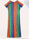 Plus Size Short Sleeve Striped Mesh Split Dress