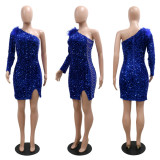Fashion sexy one-shoulder model sequin split package hip bodycon dresses